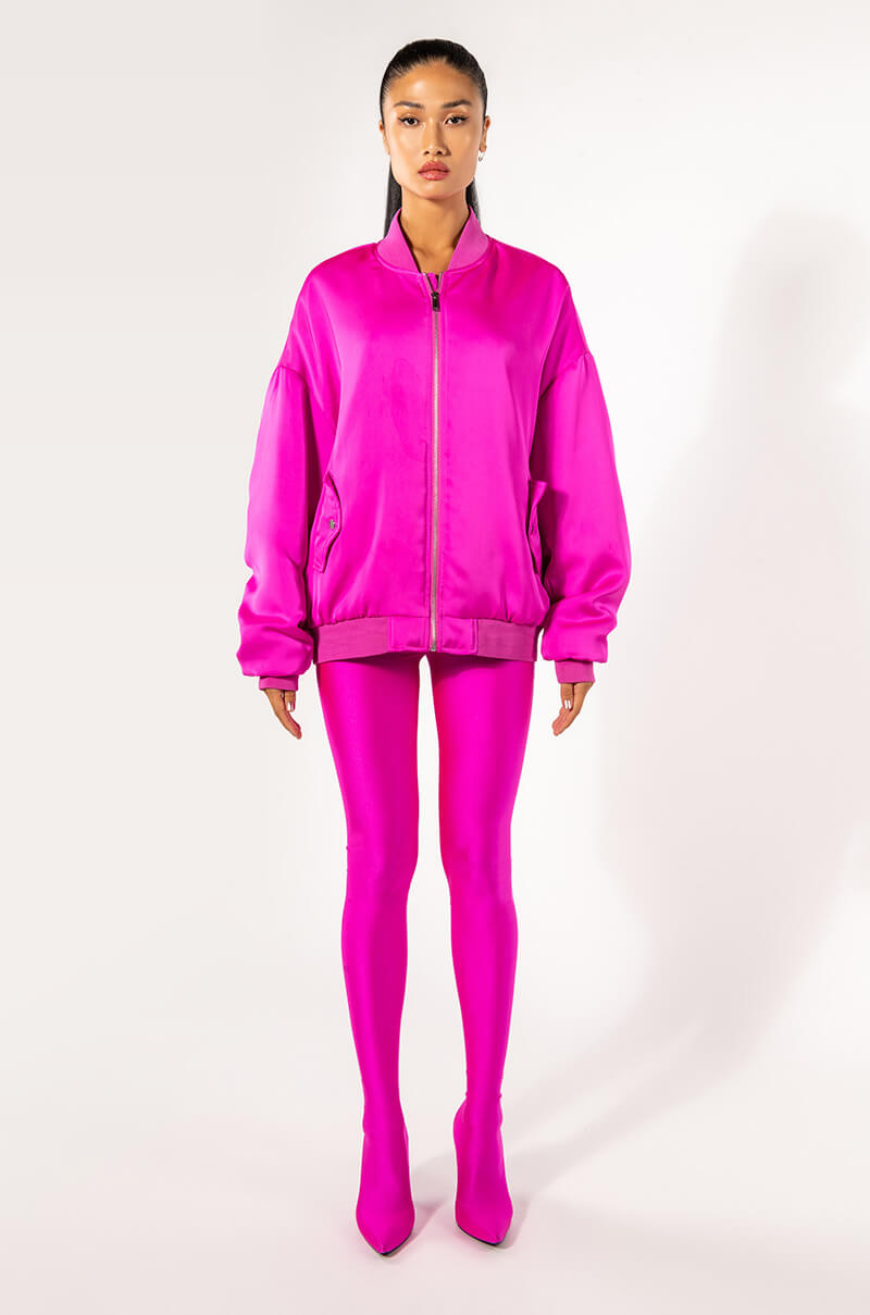 OVERSIZED SATIN BOMBER WITH RUCHED SLEEVES