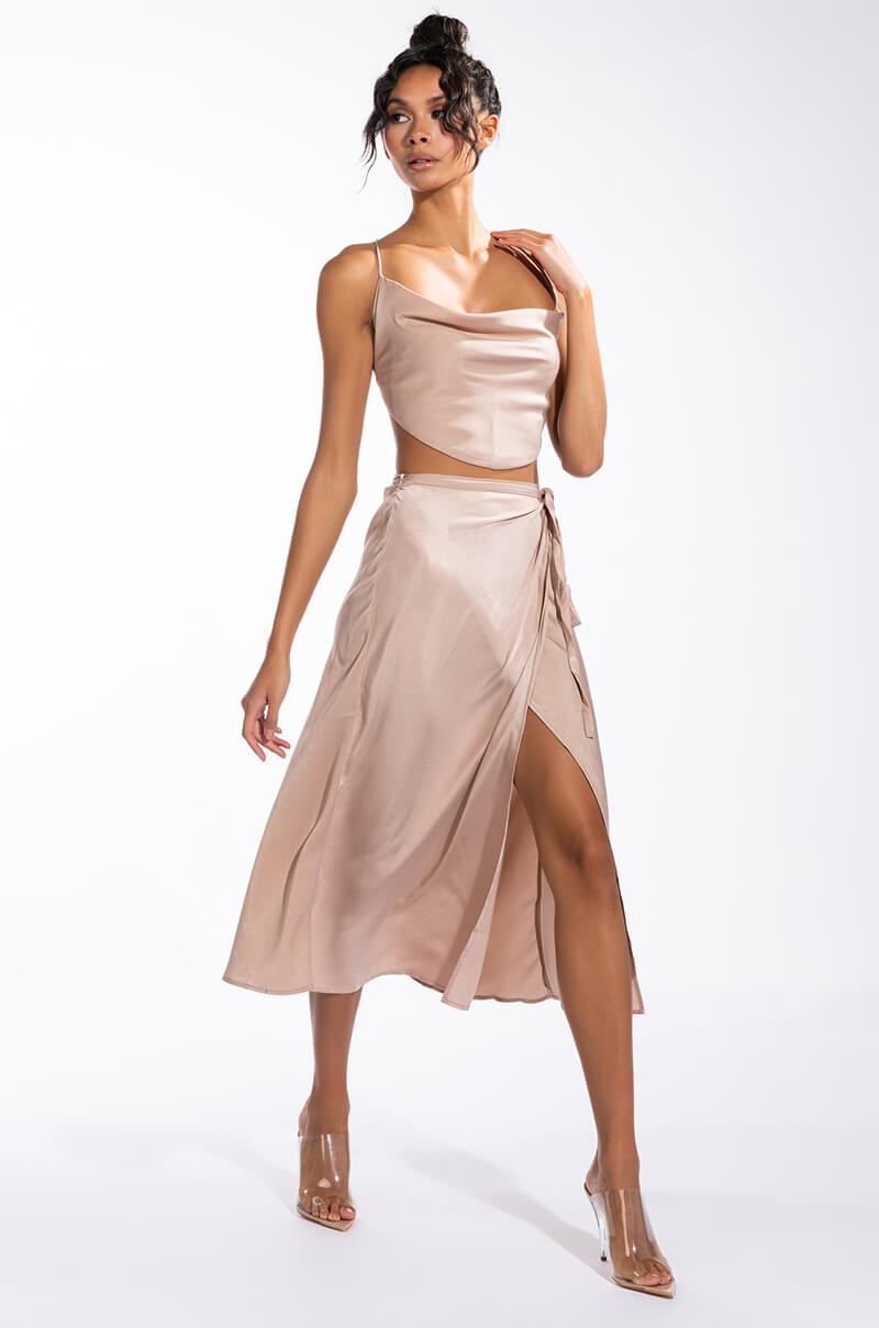 TO THE CHATEAU HIGH SLIT SATIN MIDI SKIRT