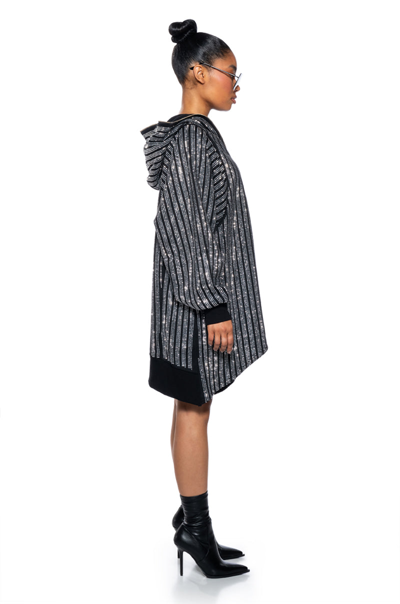 TRES CHIC PASSPORT OVERSIZE HOODED RHINESTONE ZIP UP JACKET