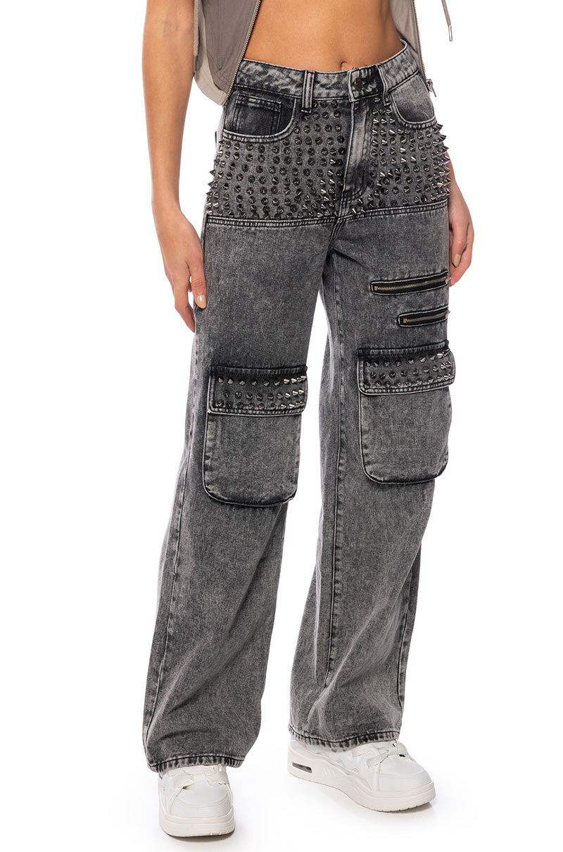 TURN IT UP STUD EMBELLISHED UTILITY JEANS