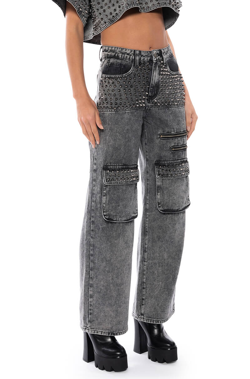 TURN IT UP STUD EMBELLISHED UTILITY JEANS
