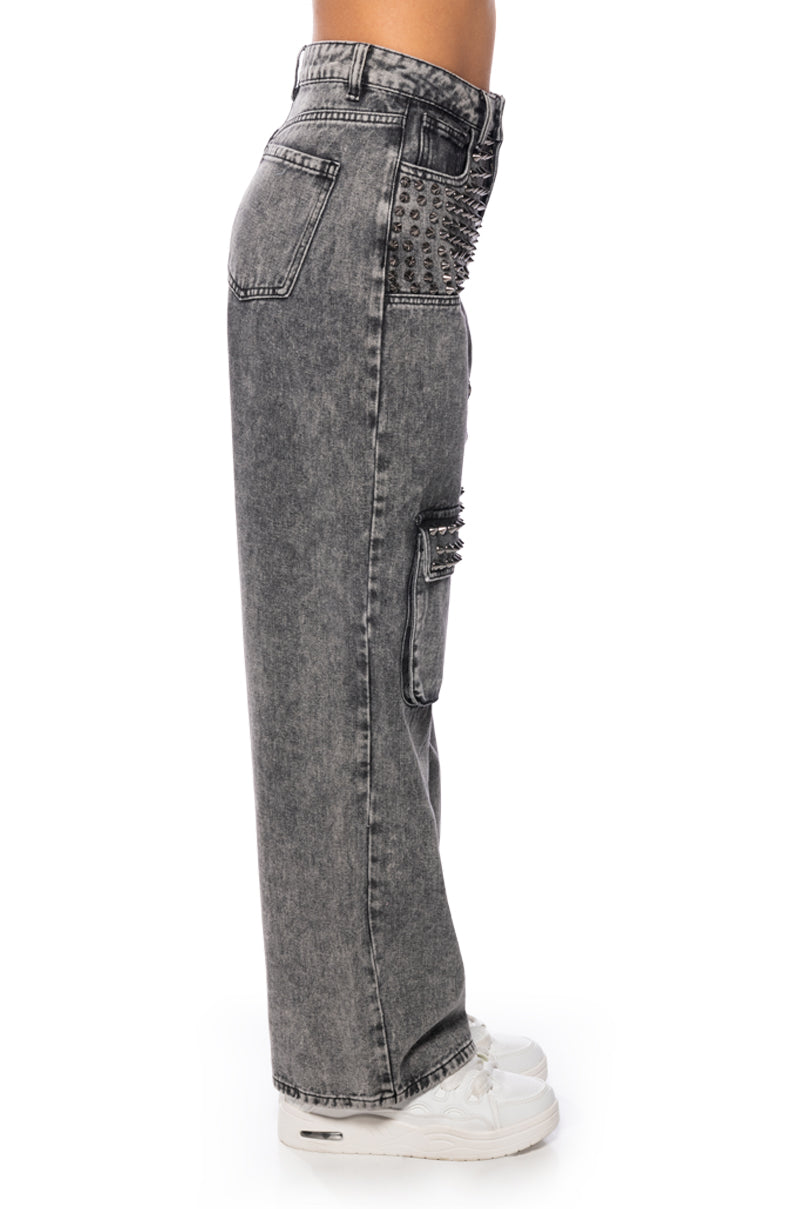 TURN IT UP STUD EMBELLISHED UTILITY JEANS