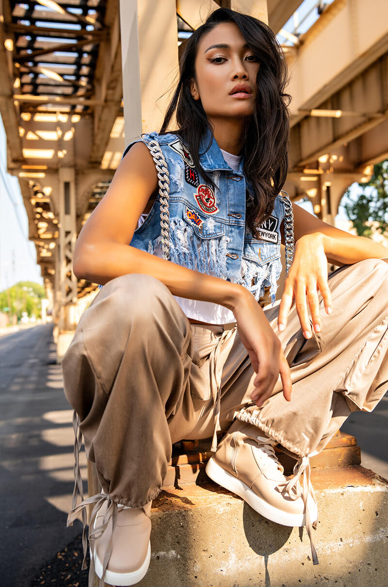 ULTRA CROP DENIM VEST WITH CHAINS AND PATCHES