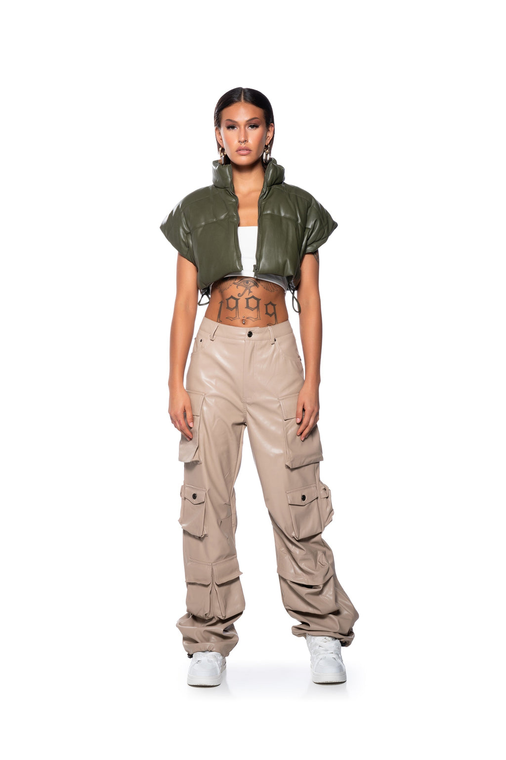 ULTRA CROP PU VEST WITH PULL STRINGS IN OLIVE