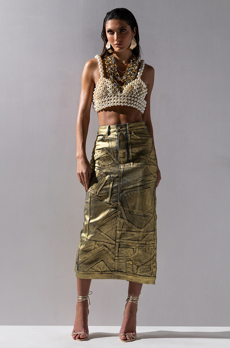 GIGI METALLIC PATCHWORK DENIM SKIRT