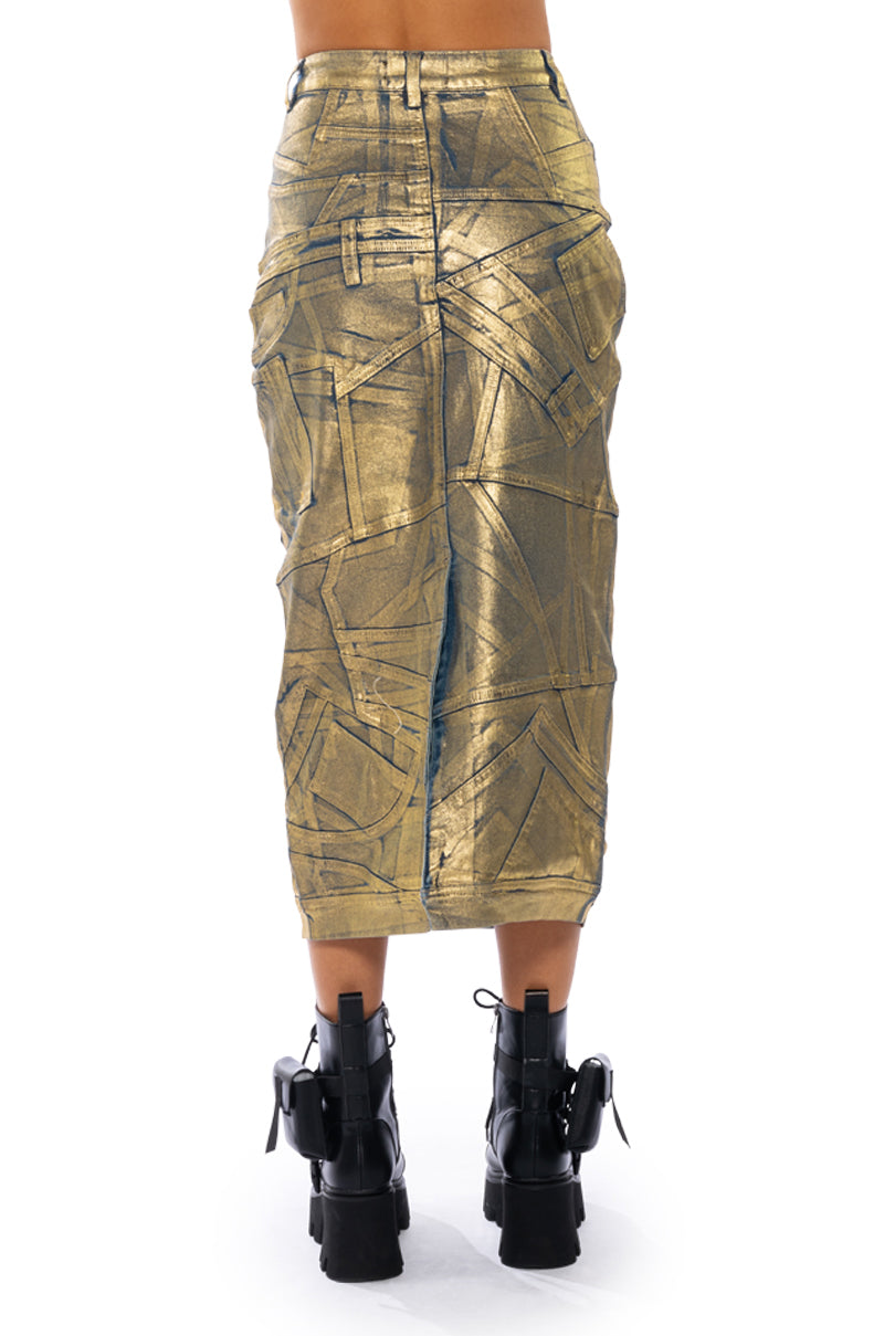 GIGI METALLIC PATCHWORK DENIM SKIRT