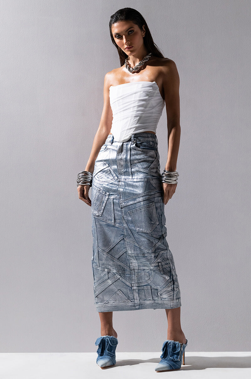 GIGI METALLIC PATCHWORK DENIM SKIRT