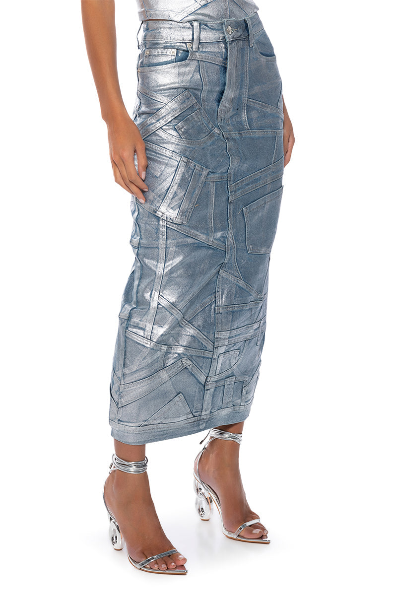 GIGI METALLIC PATCHWORK DENIM SKIRT