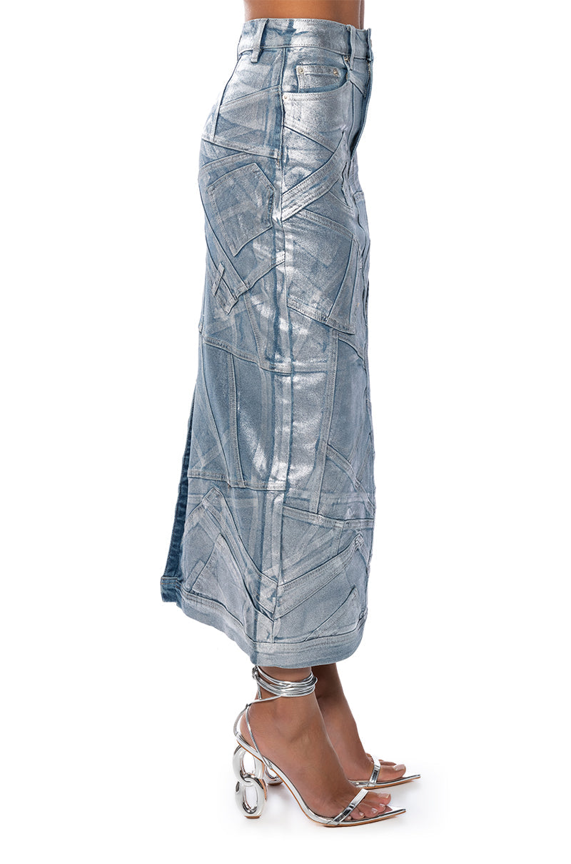 GIGI METALLIC PATCHWORK DENIM SKIRT