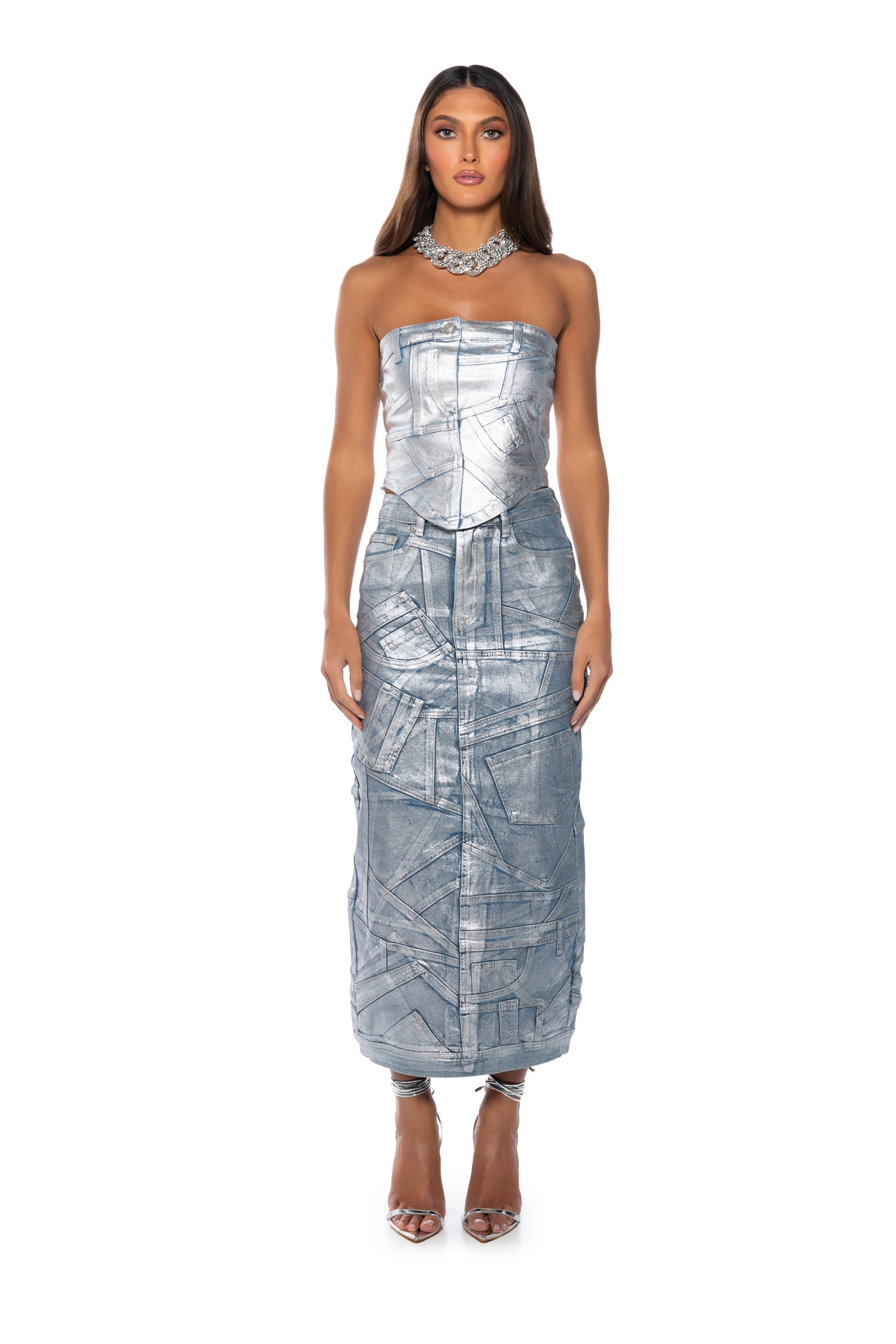GIGI METALLIC PATCHWORK DENIM SKIRT