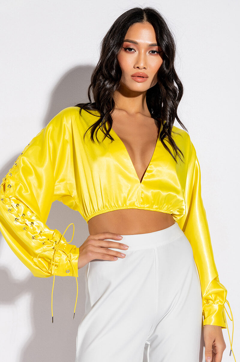 UNPROBLEMATIC LACE UP SLEEVES SATIN BLOUSE