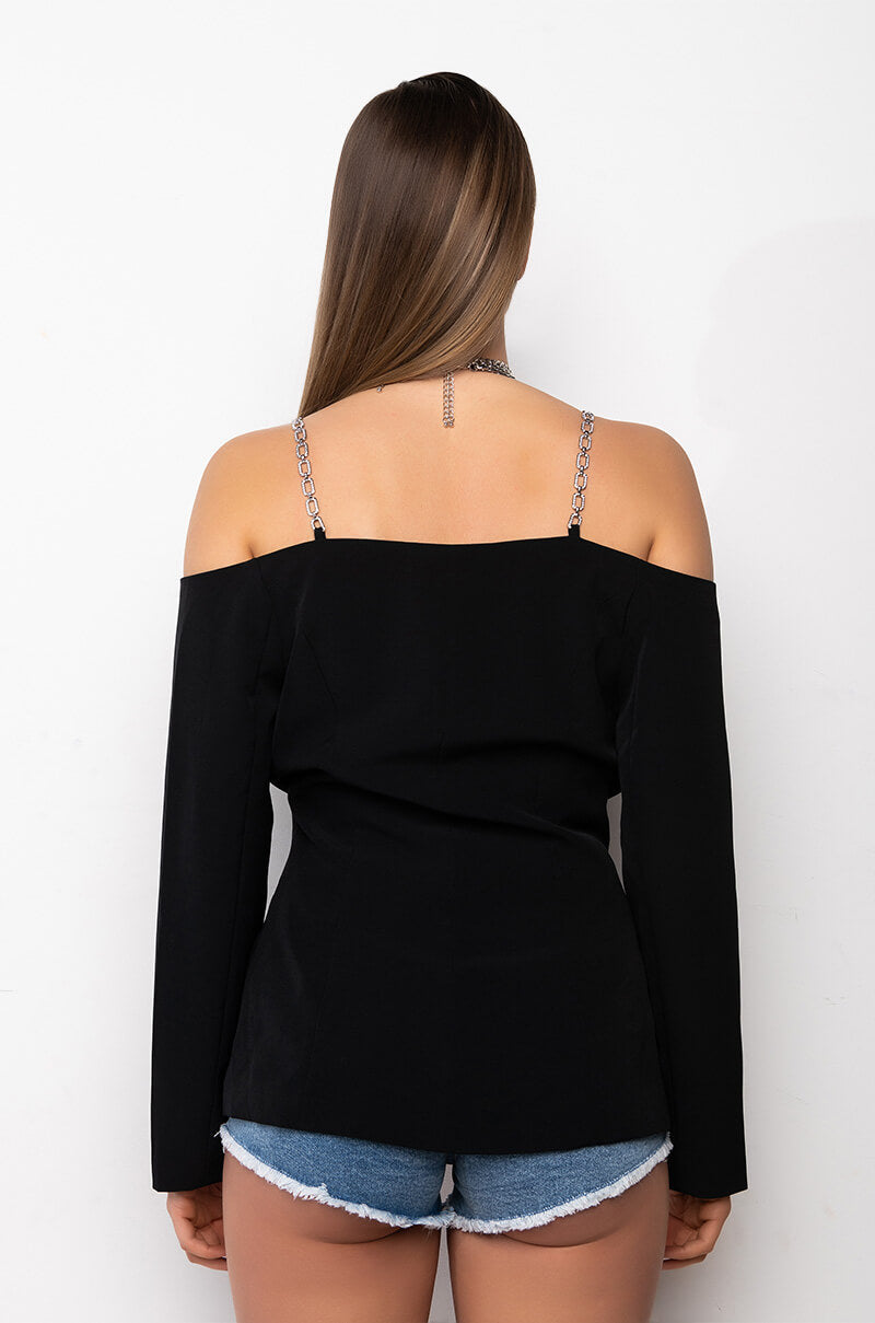 OFF SHOULDER BLAZER WITH CHAIN STRAP