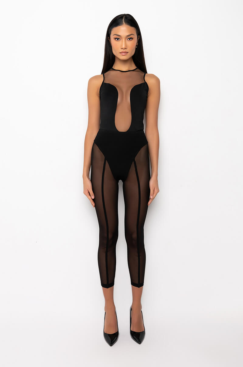 WHO ME MESH INSERT SLEEVELESS CREW NECK BODYSUIT