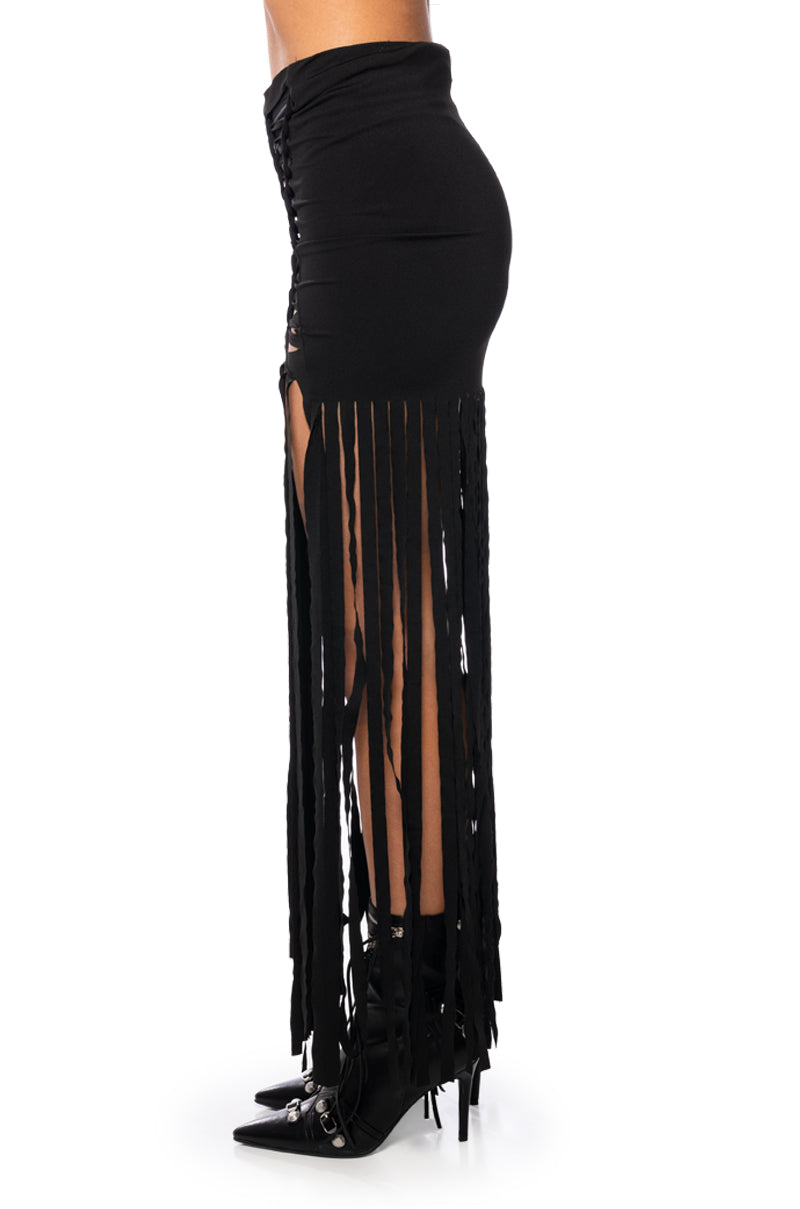 WILD THOUGHTS FRINGED MAXI CUTOUT SKIRT