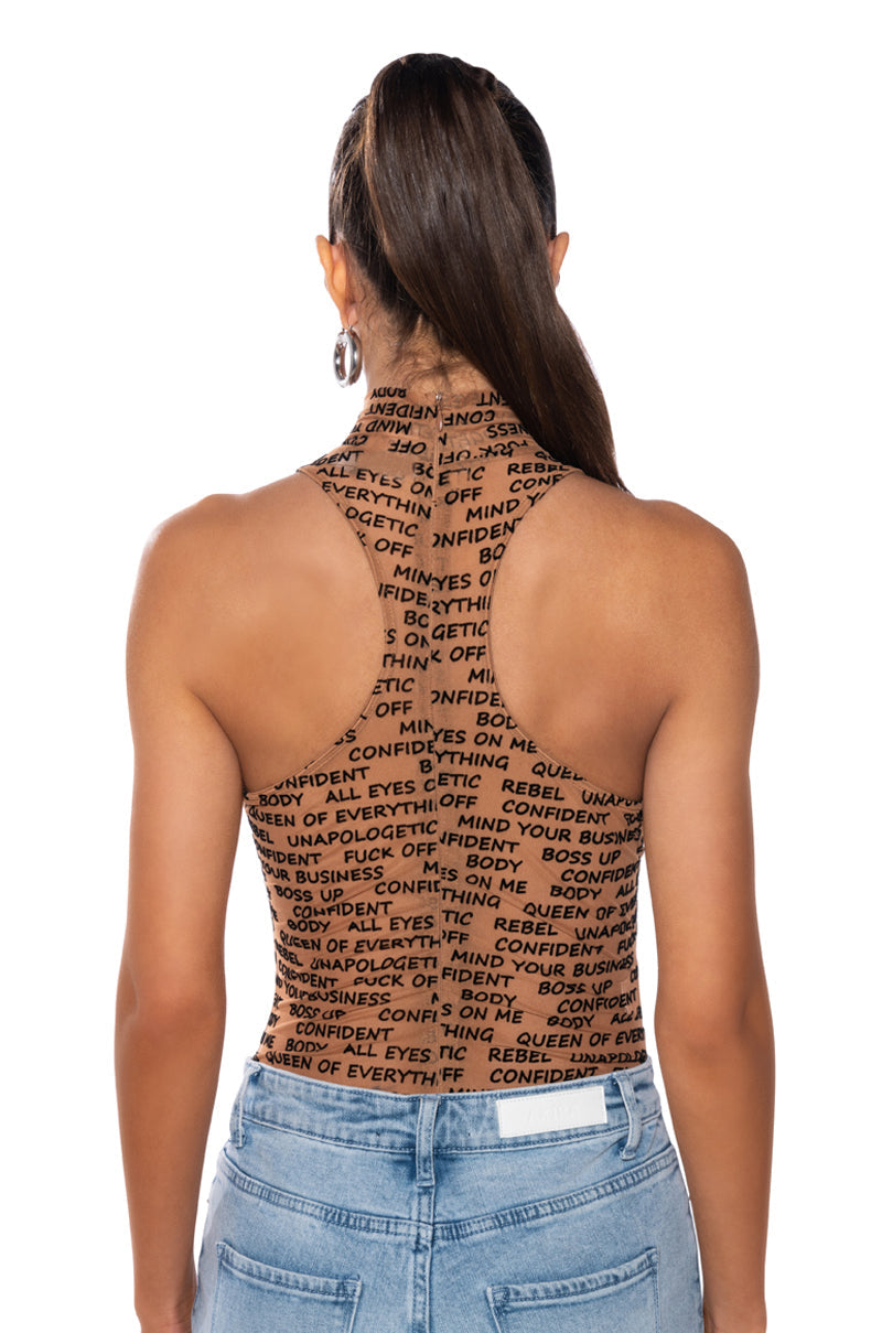 WORD OF MOUTH SLEEVELESS MOCK NECK MESH BODYSUIT