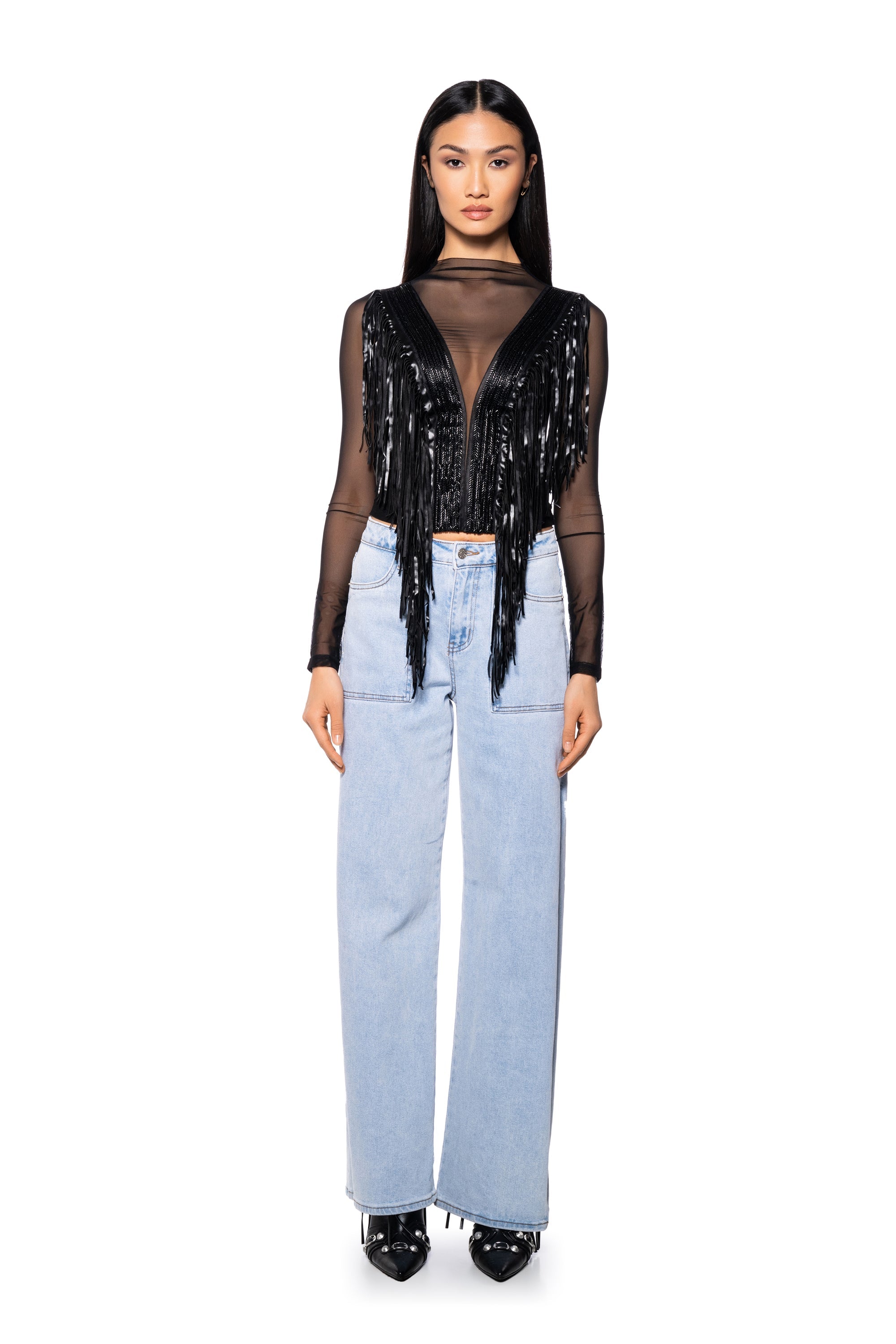 WORHTY OF ME FRINGE DETAIL LONG SLEEVE MESH TOP