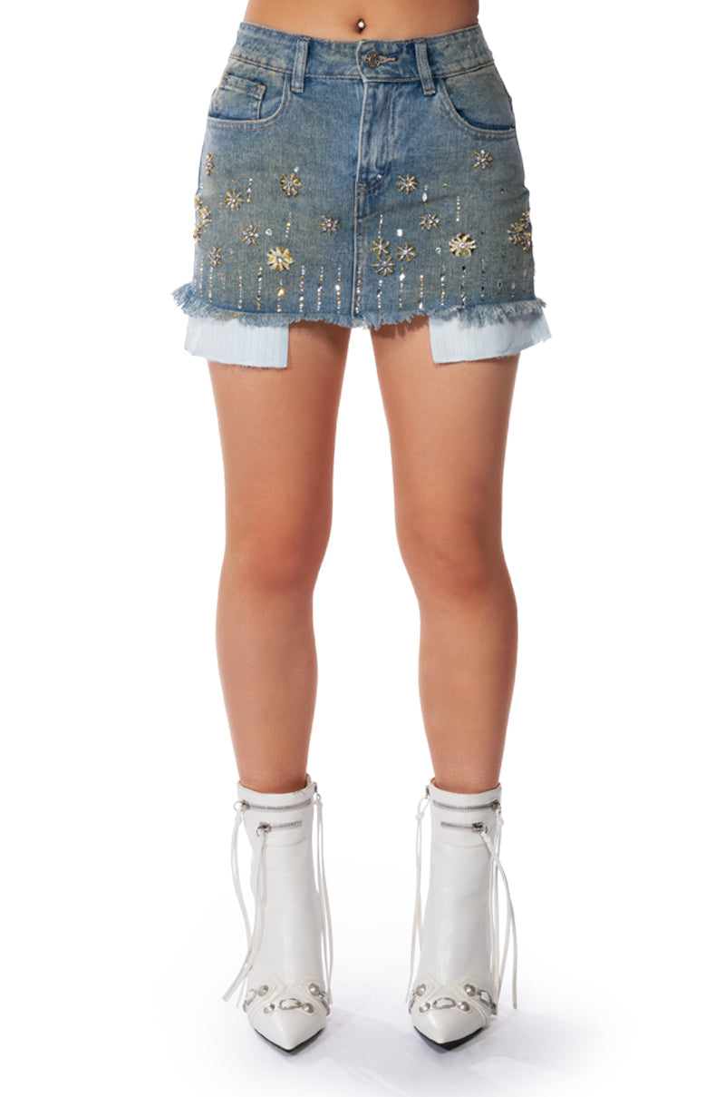 Y2K RHINESTONE MINI DENIM SKIRT