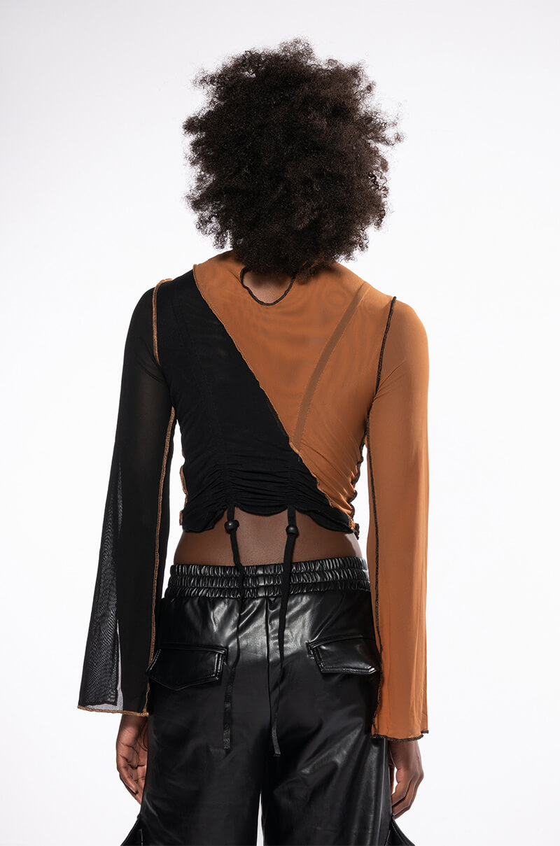 YIN AND YANG LONG SLEEVE MESH TURTLENECK TOP