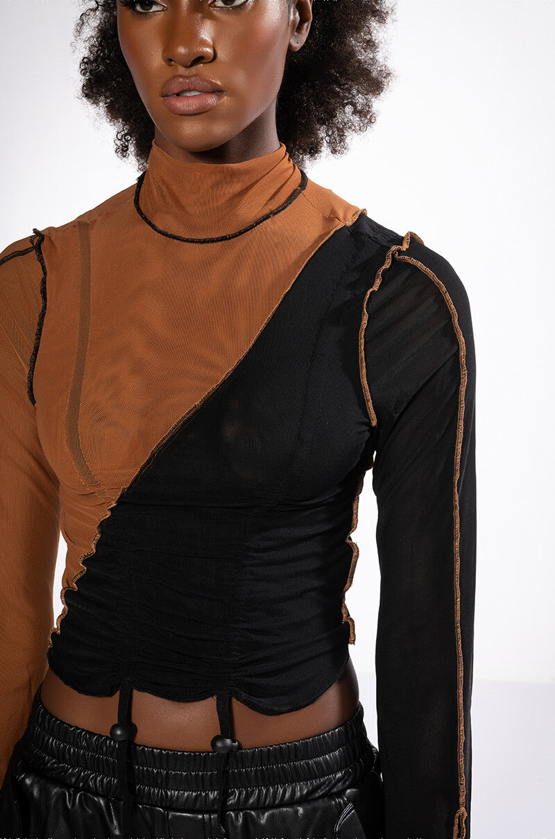 YIN AND YANG LONG SLEEVE MESH TURTLENECK TOP