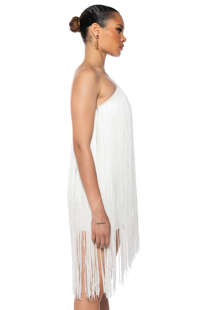 ZASHA ONE SHOULDER BANDAGE WITH FRINGE MINI DRESS