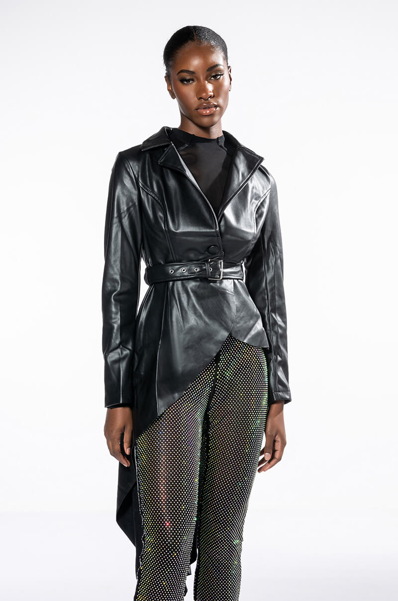 ZENDAYA PLEATHER HI LO TRENCH JACKET