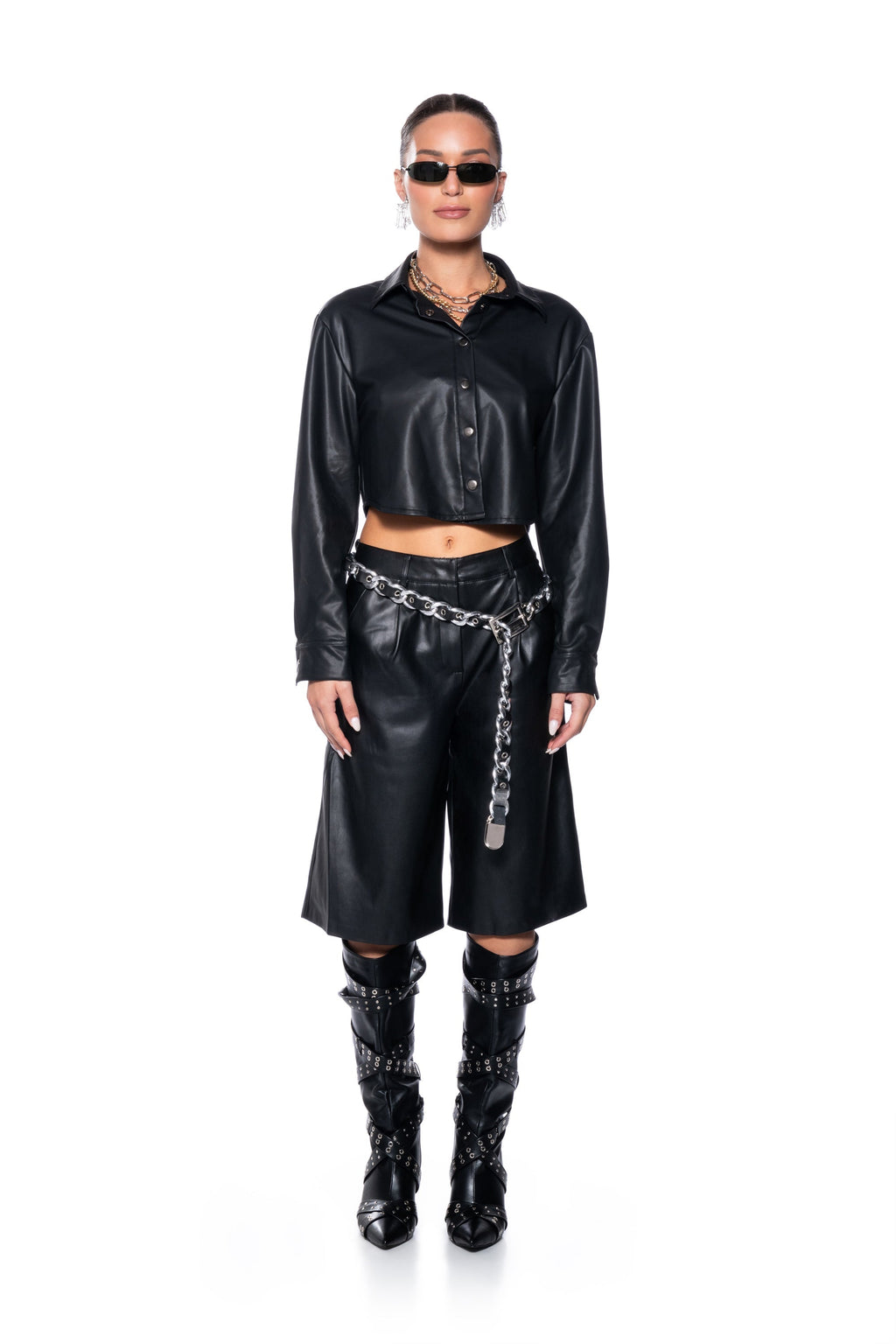 ZOE LONG FAUX LEATHER SHORTS IN BLACK